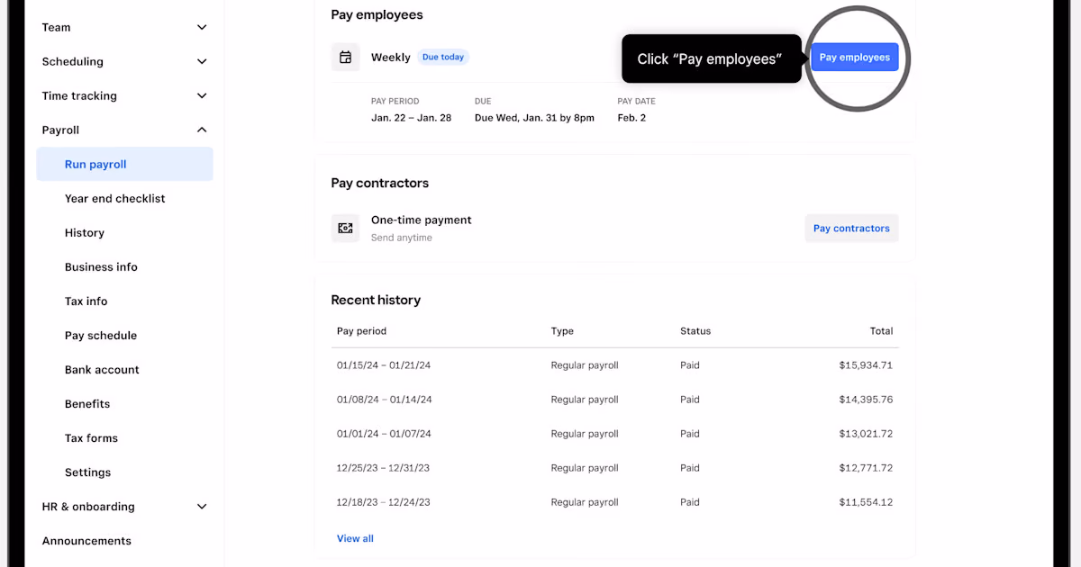 Square Payroll dashboard showing employee and contractor payment options